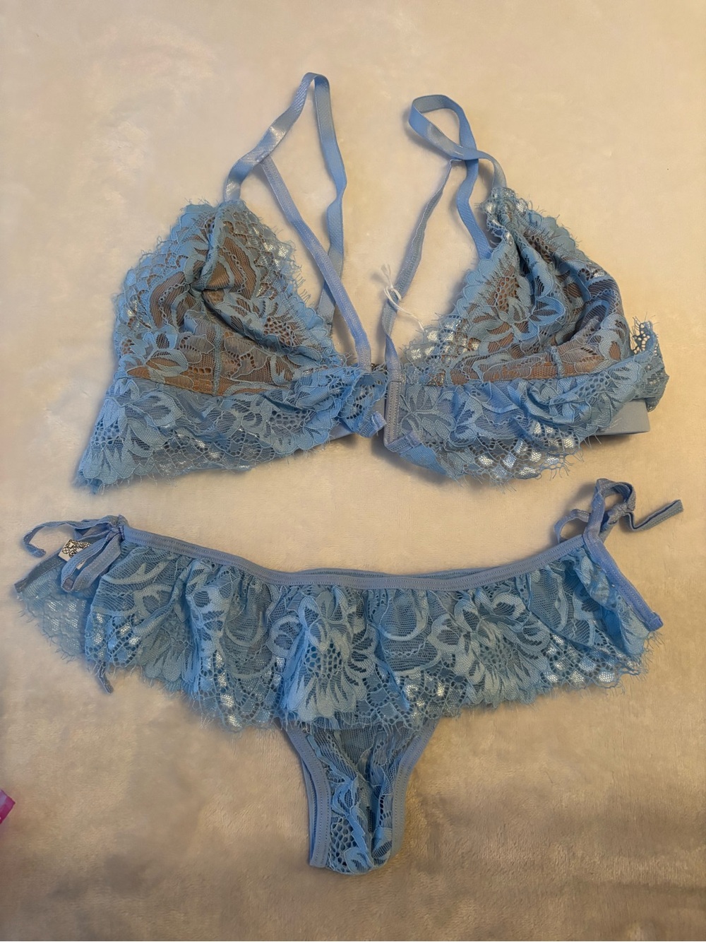 NEW Light Blue Lace Bralette & Ruffle Thong Set - Women Intimates